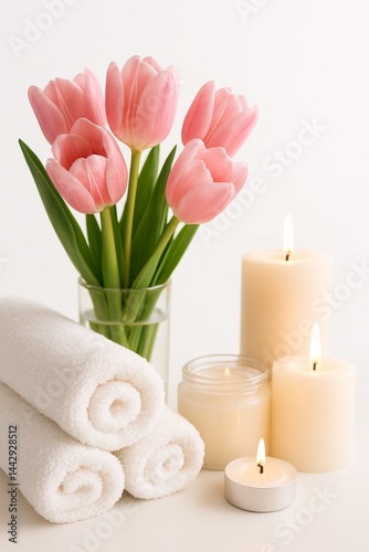 Relaxing Spa Setup With Pink Tulips and Candles for a Serene Atmosphere