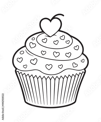Cute cupcake decoration with heart shape coloring page for kids, black line art vector illustration on white background