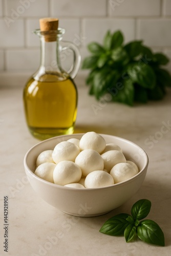 Fresh Mozzarella Balls and Olive Oil Beside Basil Leaves on a Kitchen Countertop
