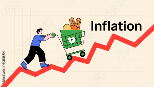 Economic Burden: This image dramatically illustrates the impact of rising inflation on consumers. A person struggles to push a shopping cart laden with groceries uphill.