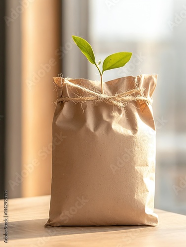 Low Angle View of Compostable Pouch with Green Plant Sprout