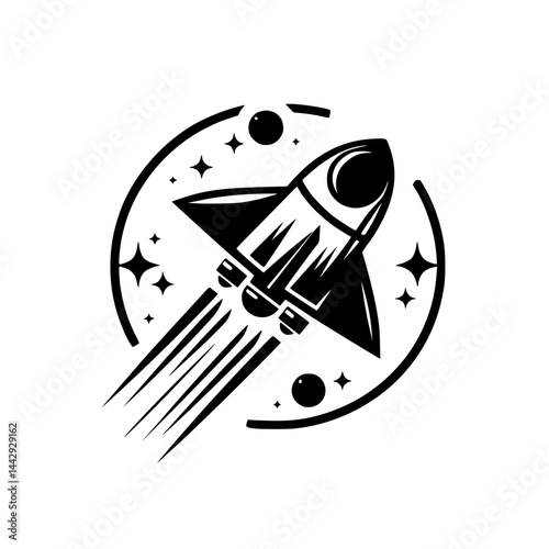 Black and White Rocket Launch in Space - Retro Style Vector Illustration