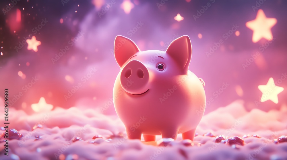 A cute piggy bank stands on a dreamy, star-filled cloudscape with a magical, whimsical atmosphere. A cute piggy bank stands on a dreamy, star-filled cloudscape with a magical, whimsical atmosphere.