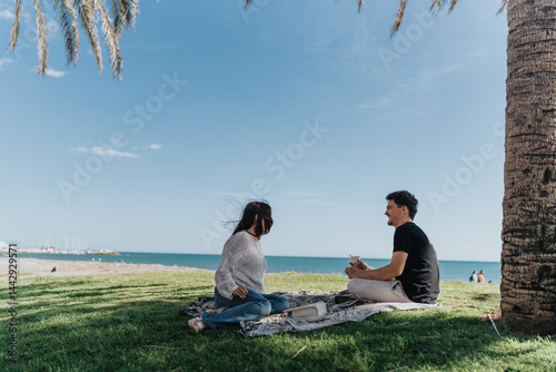A couple relaxes on a beach side picnic, sitting under palm trees while enjoying pleasant weather and scenic views of the ocean.