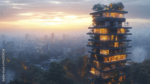 modern tower rises above cityscape at twilight, surrounded by lush greenery and glowing lights