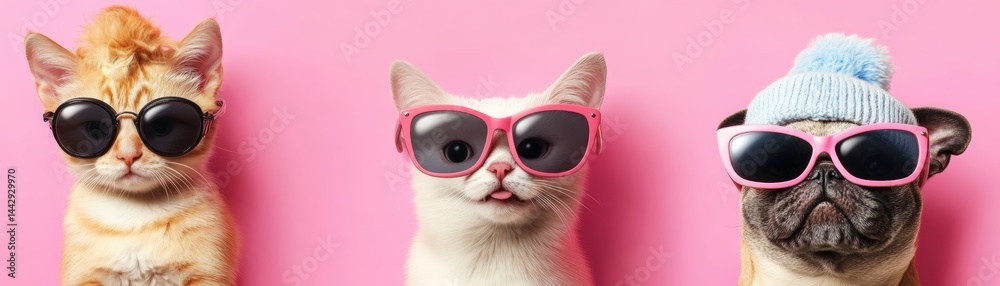 Funny animal-themed illustration of quirky cartoon cats and dogs with oversized glasses and playful hats, set against a bright cheerful background perfect for humor, kids, or party content.