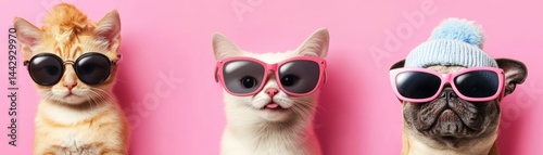 Obraz na płótnie Funny animal-themed illustration of quirky cartoon cats and dogs with oversized glasses and playful hats, set against a bright cheerful background perfect for humor, kids, or party content. w salonie