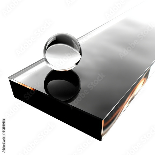 Close-up of a highly reflective metallic surface with a glass marble resting on top, showcasing sleek minimalistic modern design and smooth polished texture
