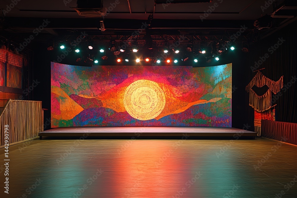 Empty ethnic dance stage with dramatic lighting design. Traditional performers showcase cultural heritage featuring colorful spotlights during festive celebration events highlighting ancestral rituals