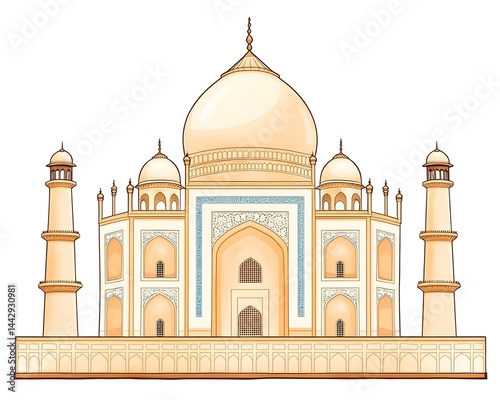 An ivory-colored mausoleum with central dome, flanked by minarets, and intricate detailing