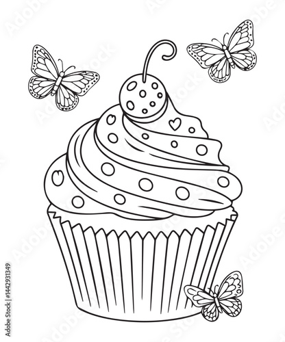 Adorable cupcake with butterfly coloring page for kids, black line art vector illustration on white background