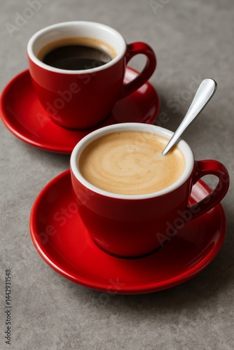 Warm Coffee Served in Red Cups on Gray Table in Cozy Corner