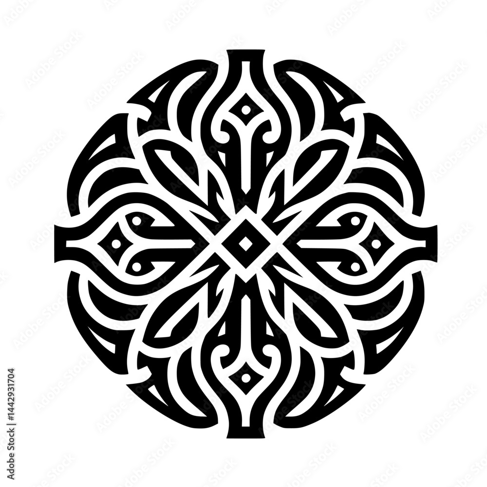 Fototapeta premium Graphic Black and White Circular Abstract Design - Symmetrical Ornament with Intricate Details, Bold Style Element