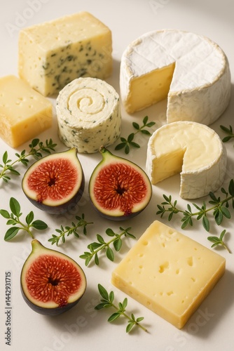 Cheese and Fig Arrangement With Herbs on a Light Background