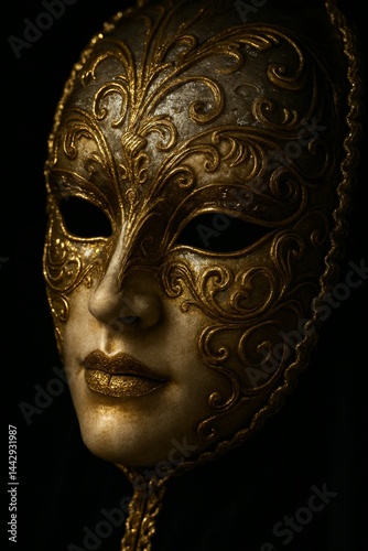 Elegant Golden Mask With Intricate Patterns Displayed Against a Dark Background