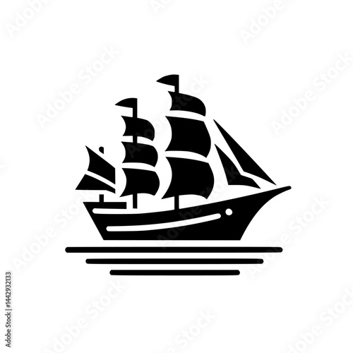 Black Silhouette Sailing Ship Logo Icon. Classic Nautical Tall Ship Design.
