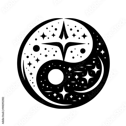 Cosmic Yin Yang Symbol with Stars - Black and White Illustration of Balance and Duality