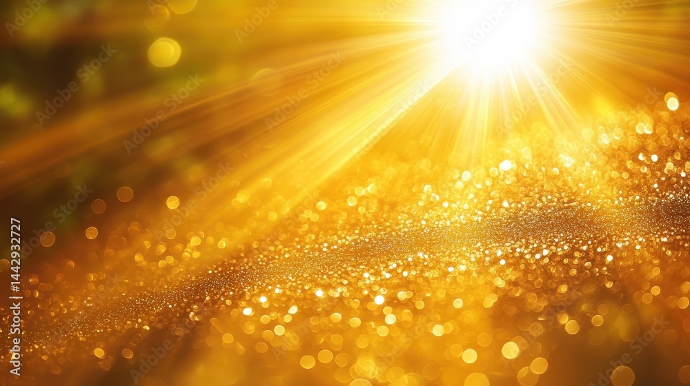 Obraz premium Bright golden sunlight with sparkling bokeh and radiant light rays