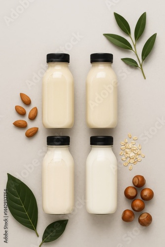 Variety of Plant-Based Milk Bottles With Nuts and Leaves Arranged on a Light ...