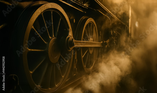 Large iron wheels of a steam locomotive push through a cloud of steam, creating a powerful industrial scene filled with texture and motion.