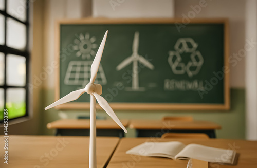 Educational setting with a wind turbine model on a desk and chalkboard drawings of renewable energy sources in the background, promoting sustainability.
