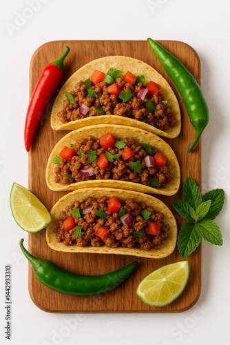 Delicious Tacos Filled With Seasoned Meat, Fresh Vegetables, and Vibrant Garn...