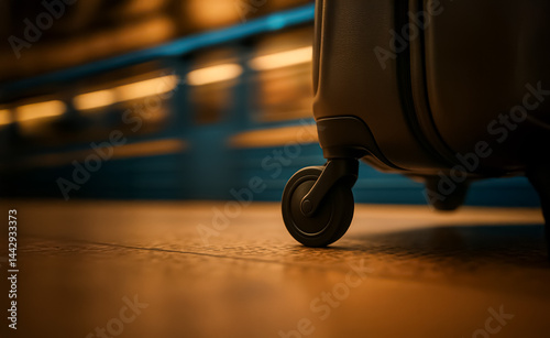 Close-up of a modern suitcase wheel gliding across a polished floor at a train station, illuminated by warm ambient lighting with a passing subway in the background.