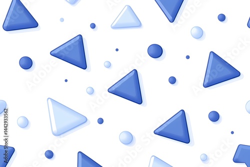 Scattered light blue and dark blue triangles and circles on white background  A playful, geometric pattern