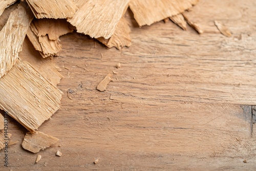 Macro Close-up of Sustainable Banana Leaf Wood Shavings on Wooden Background