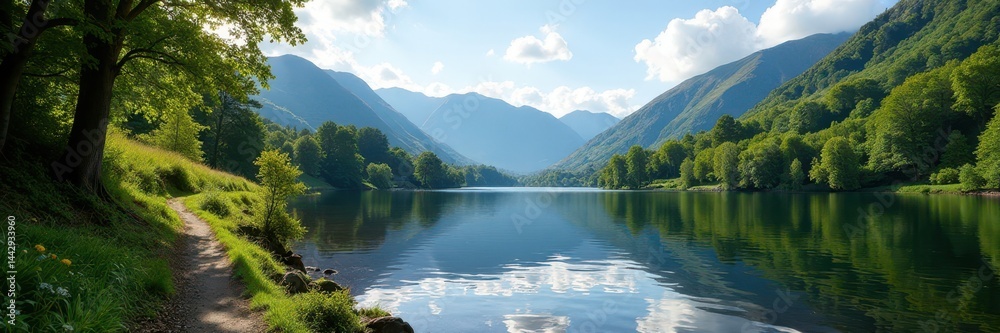 Fototapeta premium Sparkling Derwentwater, Keswick town basks in summer sun , blue, British, UK
