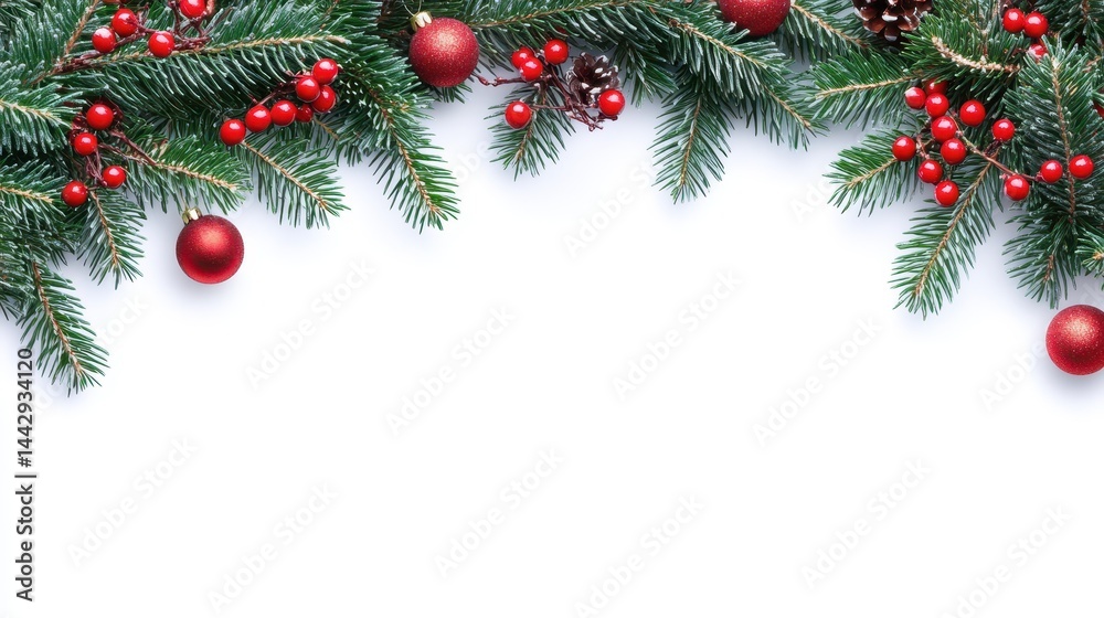 Festive christmas border with evergreen branches and red ornaments Festive christmas border with evergreen branches and red ornaments