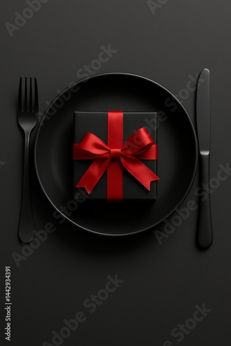 Black Plate With a Beautifully Wrapped Gift in the Center for an Elegant Dini...