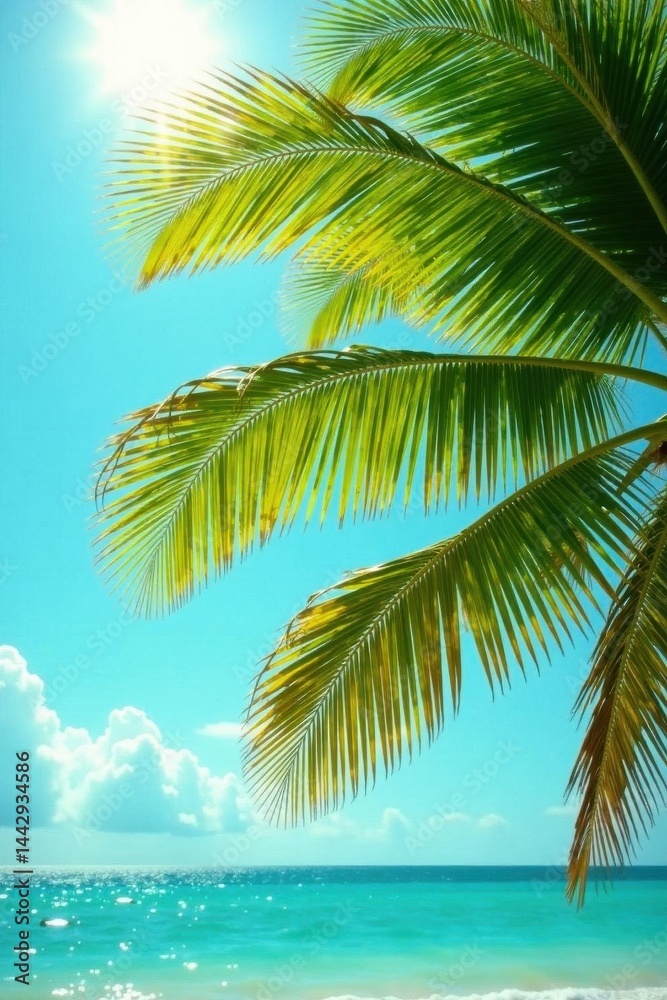 Sun-drenched palm fronds sway gently in tropical breeze , blue, plant, sea