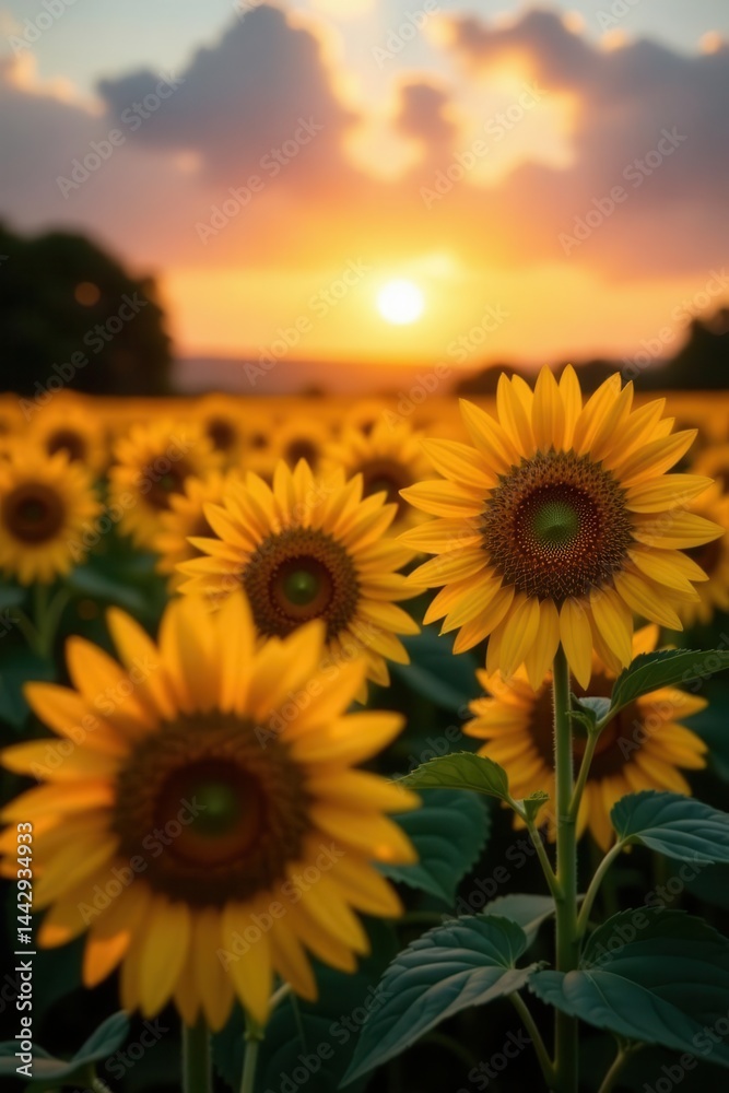Obraz premium Sun-kissed sunflowers stretch towards the setting sun , yellow, wide, beautiful