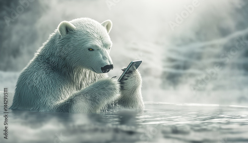 Polar Bear Using Smartphone in Steamy Water