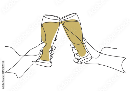 Continuous one line drawing of hands of two people clinking beer glasses in flat design. Editable stroke. 