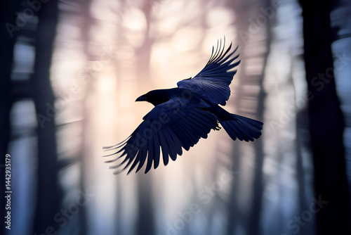 Raven in Flight Through a Blurred Forest at Dusk