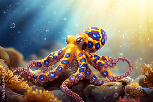 Blue-Ringed Octopus Resting Among Colorful Coral Reefs