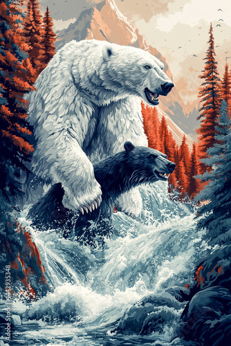 Polar Bear and Black Bear Crossing River in Dramatic Mountain Scene