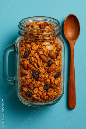 Healthy Granola in a Glass Jar With Wooden Spoon on a Blue Background for Nut...