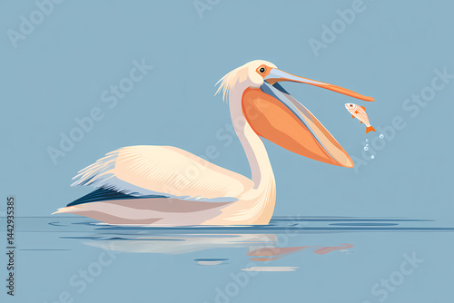 Cartoon Pelican Catching Fish on Calm Water
