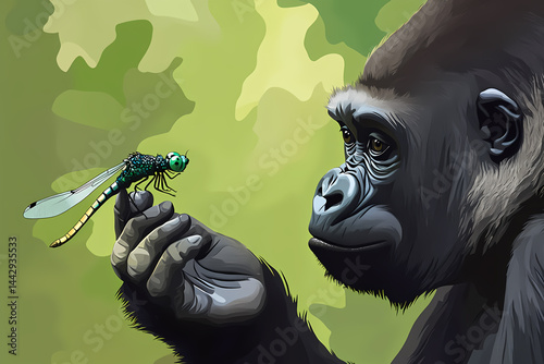 Gentle Gorilla Holding Dragonfly — Thoughtful Illustration