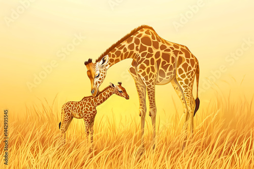 Giraffe Mother and Calf Bonding in Golden Savanna