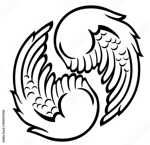 Angel Wings in Circular Formation, Spiritual, Freedom and Protection, Decorative Emblem for Tattoos, Logos, Religion and Fantasy Themes