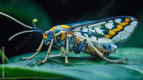 A colorful and highly detailed macro photograph of an alien, hybridized insect with transparent wings, resting on a leaf.