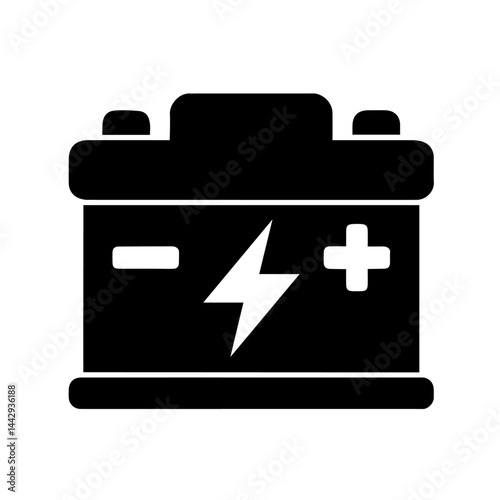 Car Battery Icon with Positive and Negative Terminals and Lightning Bolt, Electric Charge, Auto Power Source, Vehicle Energy Storage, Automotive Battery Symbol

