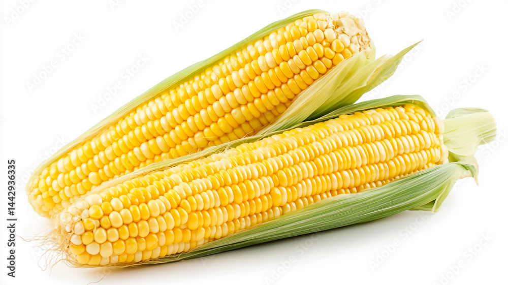 Two Fresh Corn Cobs Isolated on White Background with Clipping Path for a Clean and Crisp Visual. Two Fresh Corn Cobs Isolated on White Background with Clipping Path for a Clean and Crisp Visual.