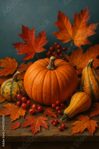 Colorful Autumn Still Life With Pumpkins and Vibrant Leaves on Rustic Wooden ...