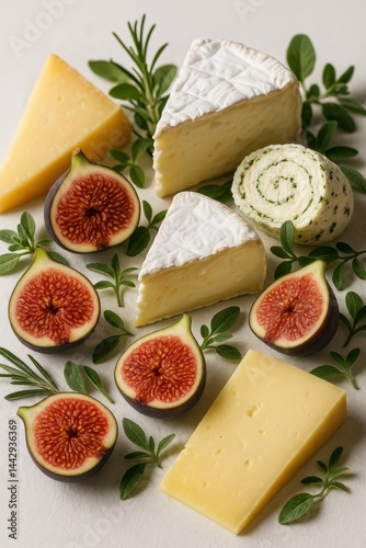 Cheese and Fig Arrangement With Herbs on a Light Background