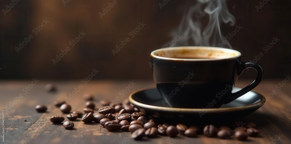 Steaming black coffee, scattered coffee beans, still life, photography Steaming black coffee, scattered coffee beans, still life, photography